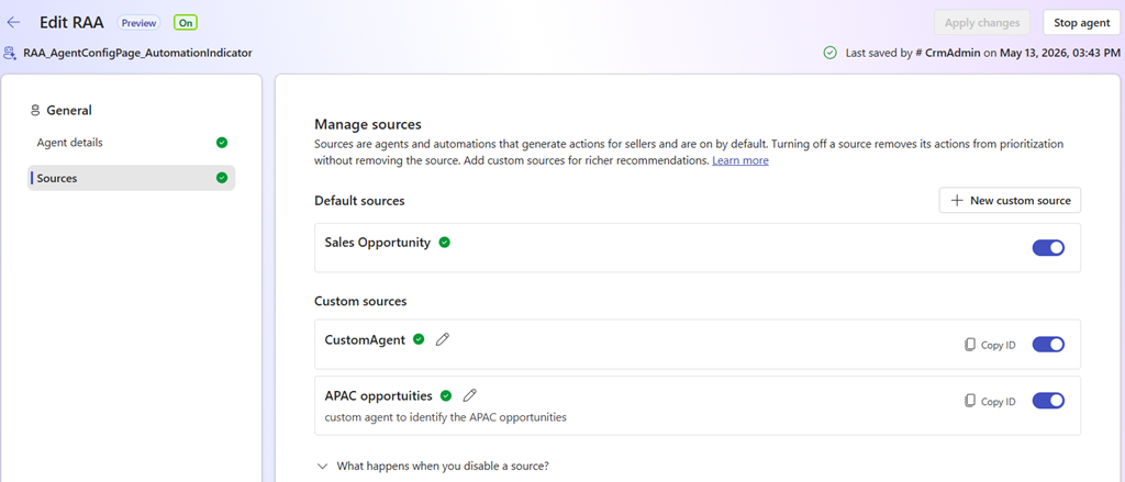 Screenshot of the recommended actions configuration page showing the added custom source.