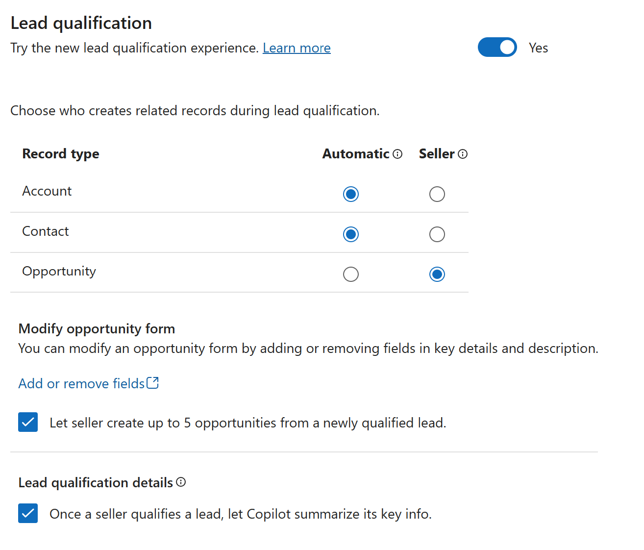 Screenshot of the Lead qualification settings page.