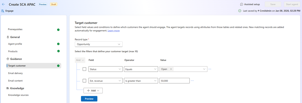 Screenshot of the Sales Close Agent target customer settings page.
