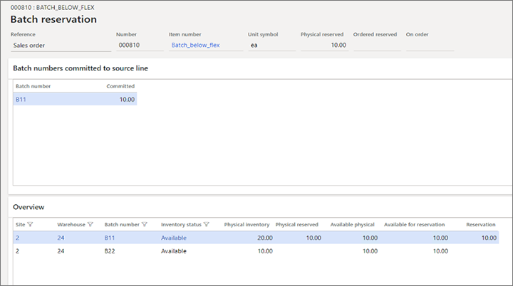 Screenshot of the Batch reservation page showing a specific batch number committed to a sales order line.