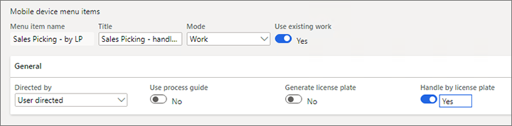 Screenshot of the mobile device menu item where the Handle by license plate option is set to Yes.