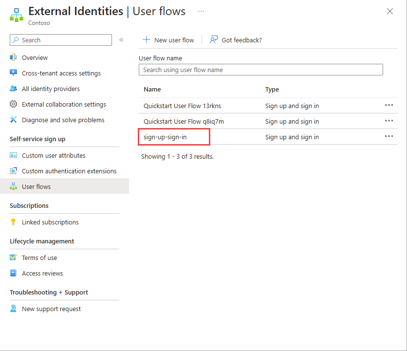 Screenshot showing where to select the user flow.