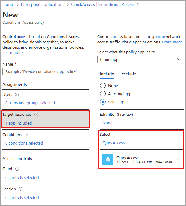 Screenshot of the Conditional Access policy with the Quick Access app selected.
