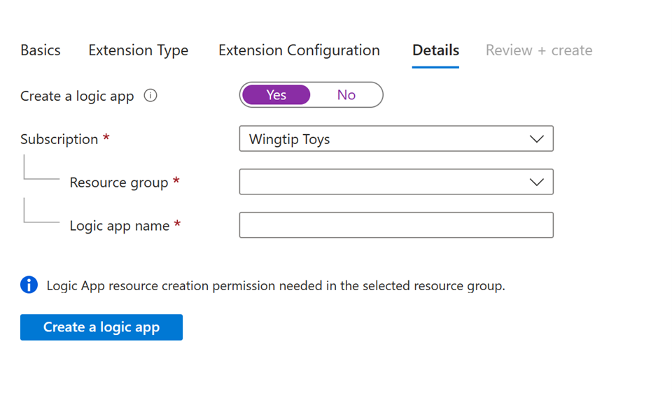 Screenshot of creating logic app detail selections.