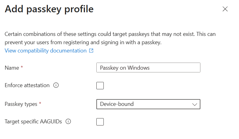 Screenshot of the Add passkey profile settings showing Enforce attestation cleared and Passkey types set to Device-bound.