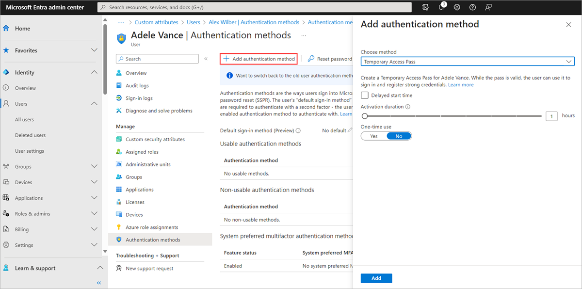 Screenshot of how to create a Temporary Access Pass.