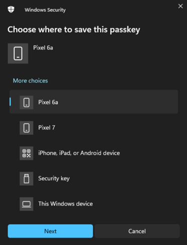 Screenshot of the dialog where to save your passkey (FIDO2) in My Security info.