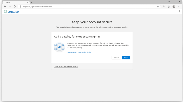 Screenshot of the Add a passkey (FIDO2) option for a more secure sign-in in My Security info.