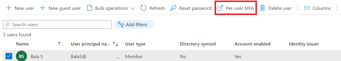 Screenshot of select multifactor authentication from the Users window in Azure AD.