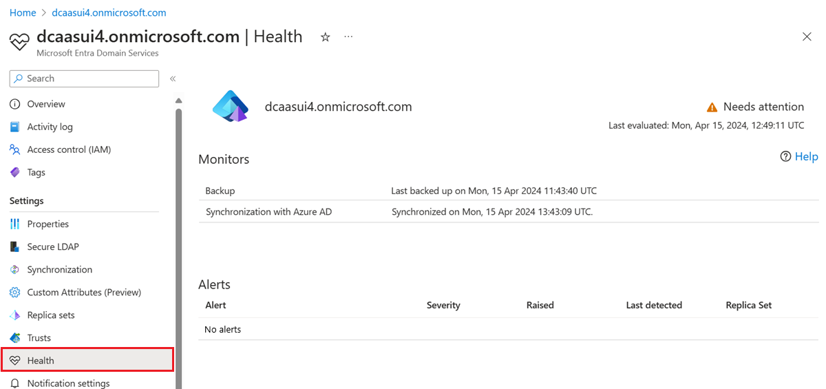 Health page overview showing the Microsoft Entra Domain Services status