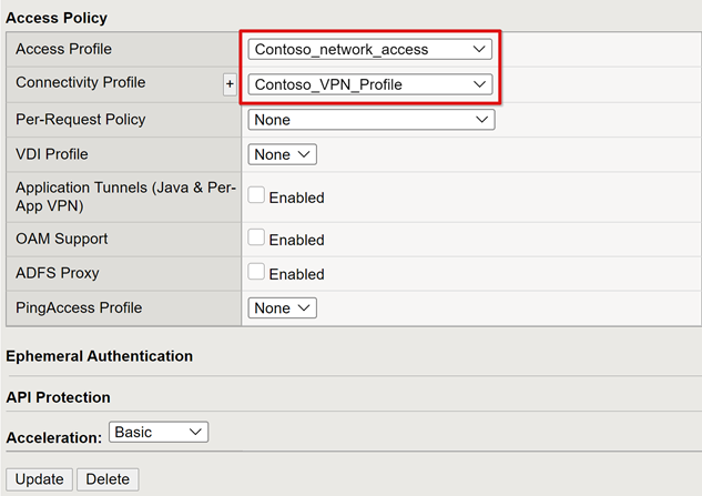 Screenshot of Access Profile and Connectivity Profile entries on Access Policy.