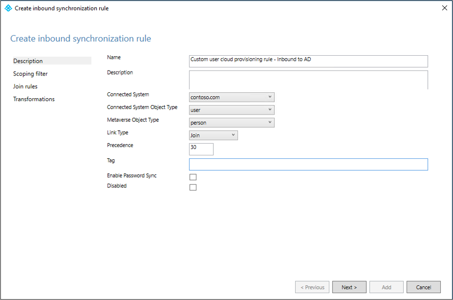 Screenshot that shows the "Create inbound synchronization rule - Description" page with values entered.