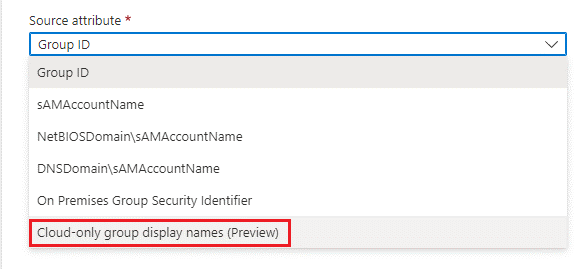 Screenshot that shows the Group Claims source attribute dropdown, with the option for configuring cloud only group names selected.