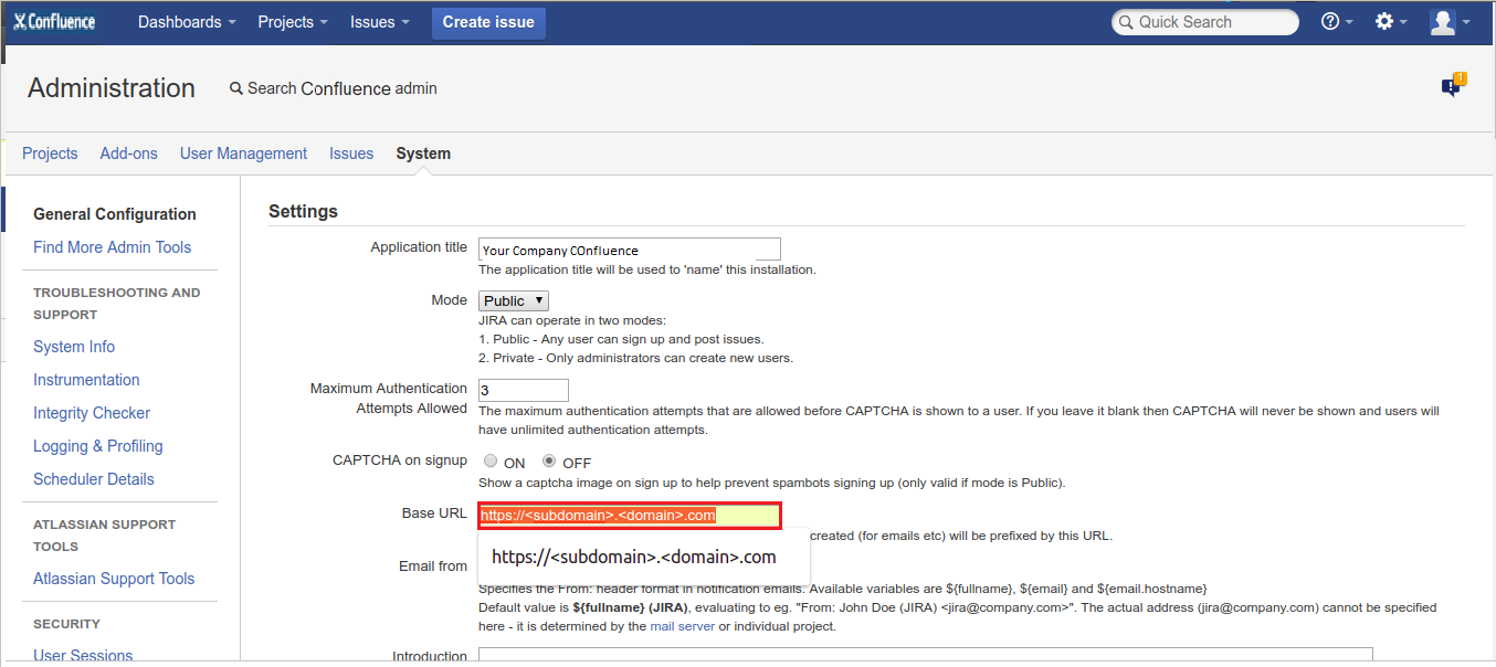 Screenshot that shows the "Administration - Settings" page with "Base URL" highlighted.
