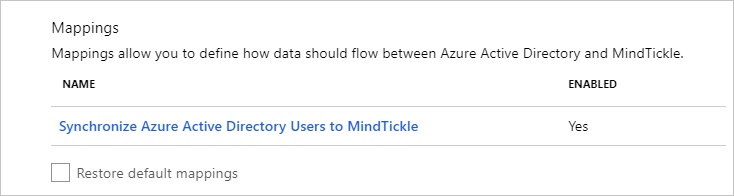 Screenshot of the Mappings section. Under Name, Synchronize Microsoft Entra users to MindTickle is visible.