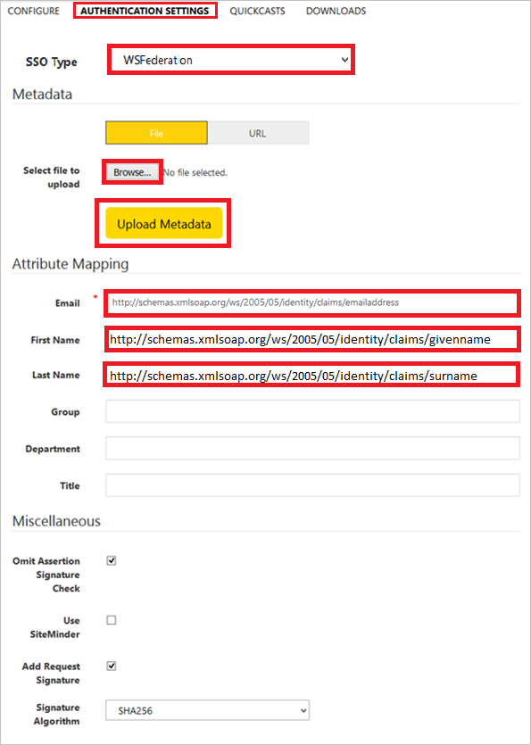 Screenshot shows the Authentication Settings page where you can enter the values described