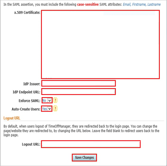 Screenshot shows the Single Sign-On Settings section where you can enter the values described.