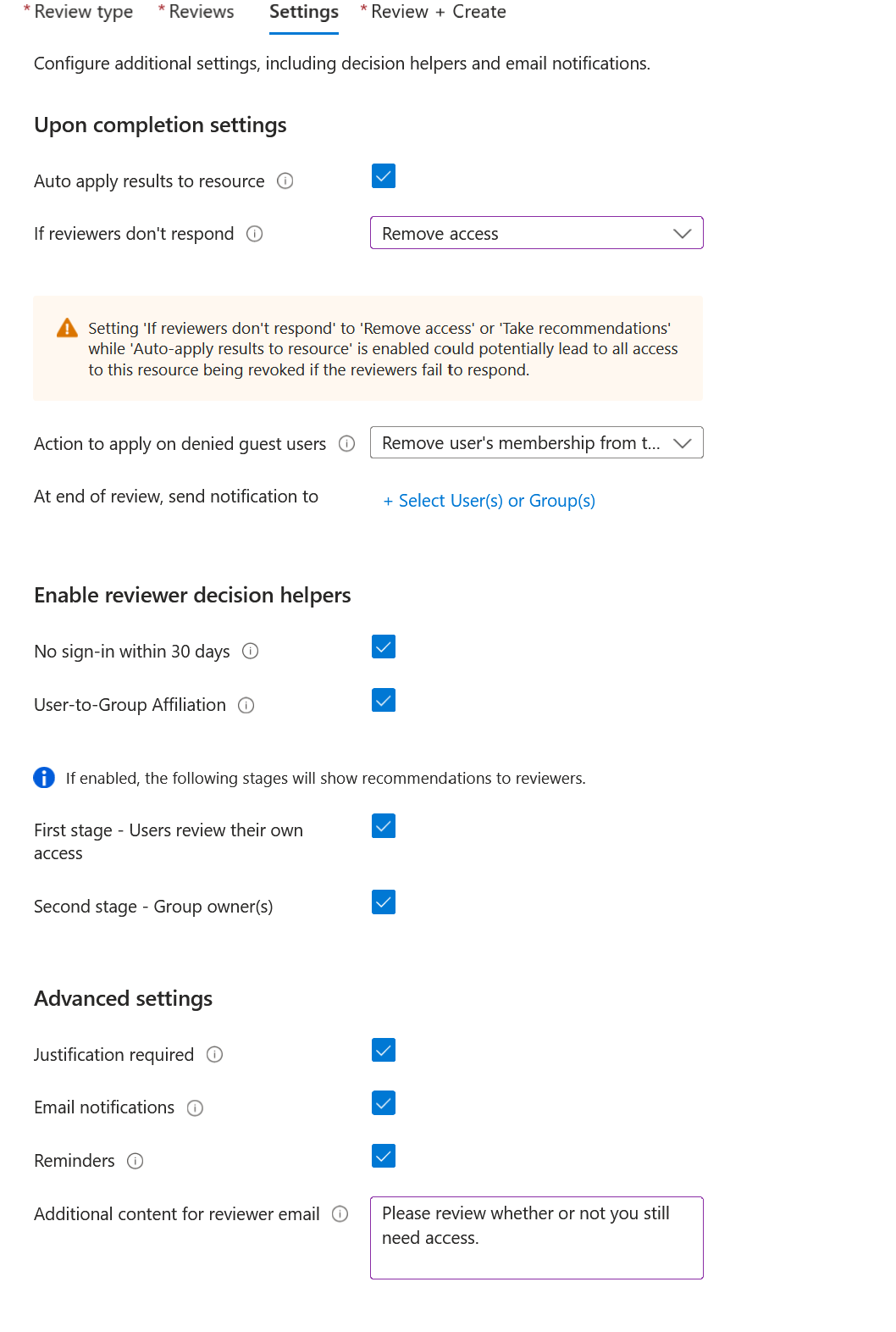 Screenshot shows the settings dialog for multi-stage review for guests to self-attest continued access.