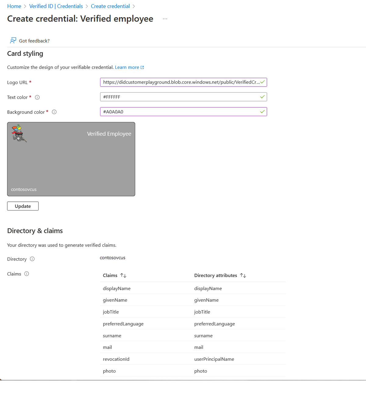 Screenshot of the created credential, verified employee, card styling section.
