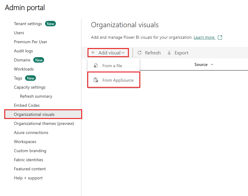 Screenshot showing the organizational visuals menu in the Power BI admin settings. The add visual option is expanded, and the from app source option is selected.