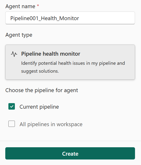 Screenshot showing the pipeline selection dialog for the operations agent.