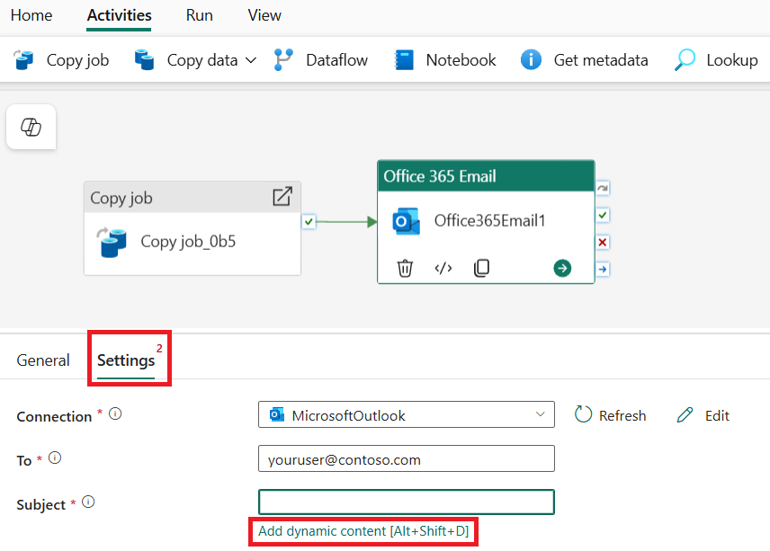 Screenshot showing the configuration of the Office 365 Outlook email settings tab.