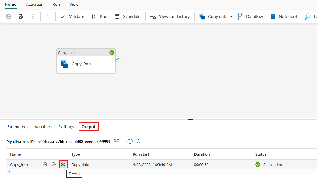 Screenshot showing the Output tab of the pipeline run in-progress with the Details button highlighted in the run status.