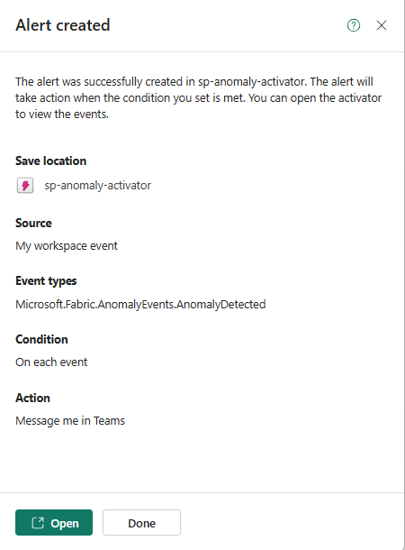 Screenshot that shows Alert created page.