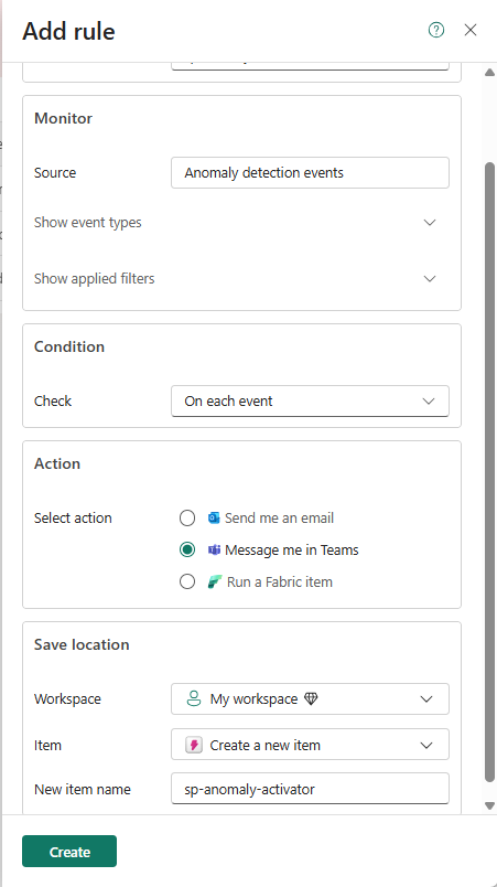 Screenshot that shows the Set alert page with all fields selected.