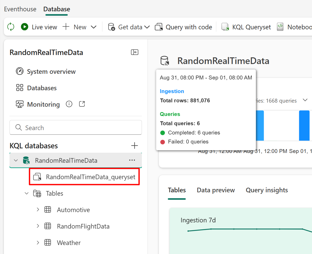 Screenshot of the eventhouse Internal KQL Querysets.