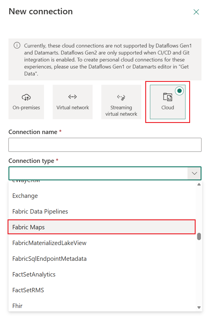 Screenshot of the New connection dialog in Microsoft Fabric Maps. The Cloud option is selected among connection types, and the Connection type dropdown is expanded, highlighting Fabric Maps as an option.