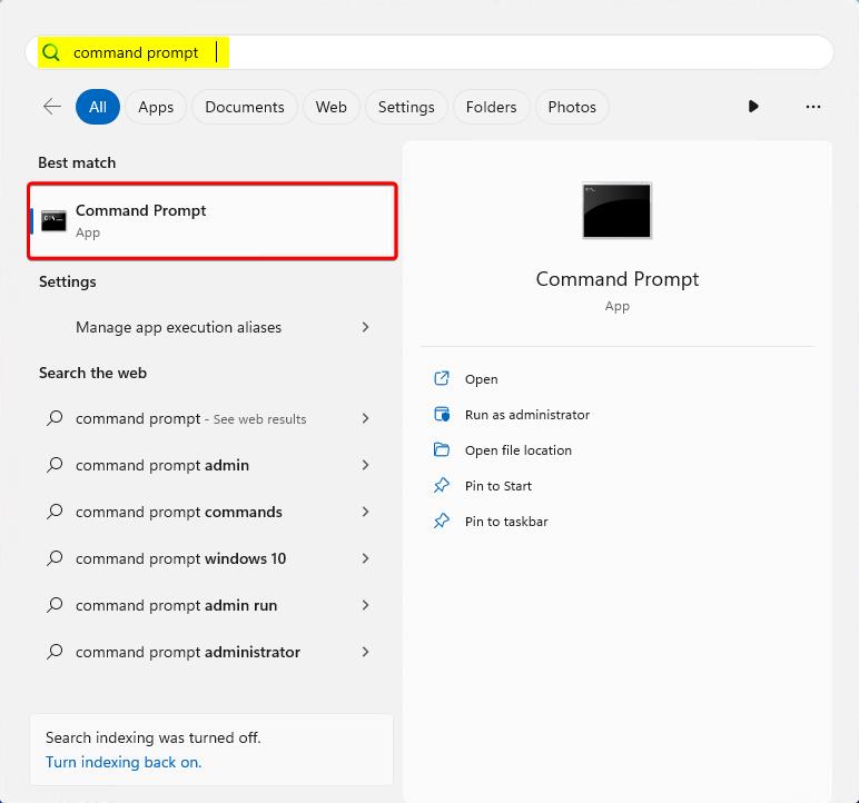 Screenshot that shows the Command Prompt Start menu.