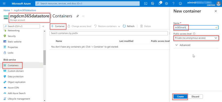 A screenshot showing the creation of a new container called m365mails in the Storage account blob containers in the Azure portal.