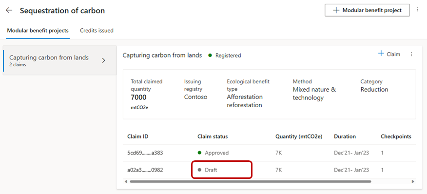 View claims on the project details screen.