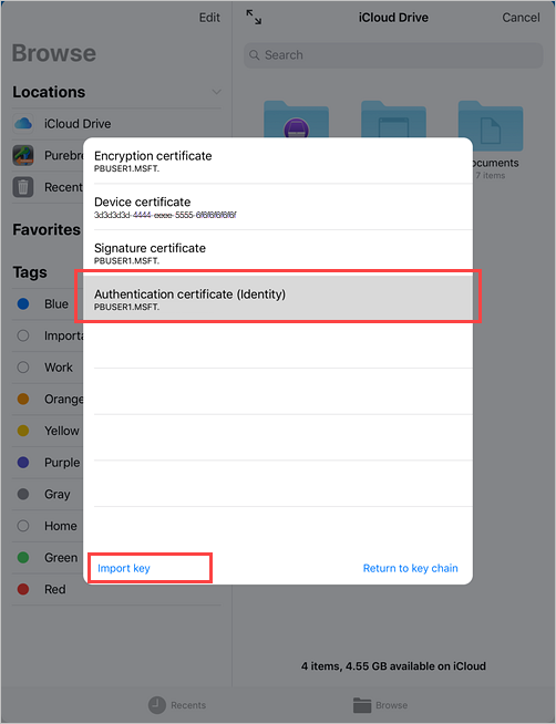 Example screenshot of a list of selectable certificates, with one already selected.