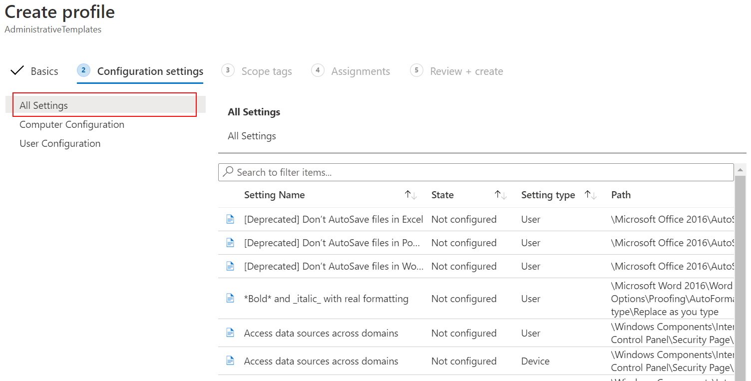 Screenshot that shows how to select All Settings using ADMX template policy in Microsoft Intune.