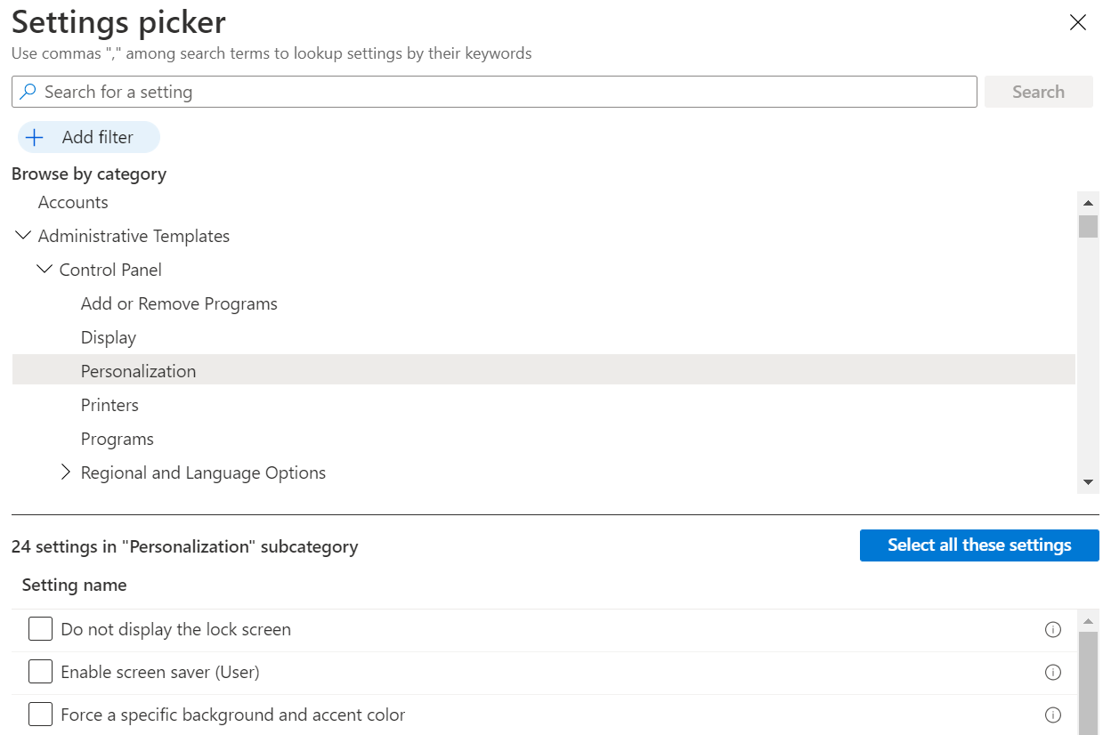 Screenshot that shows how to expand administrative templates in a Settings catalog policy in Microsoft Intune.