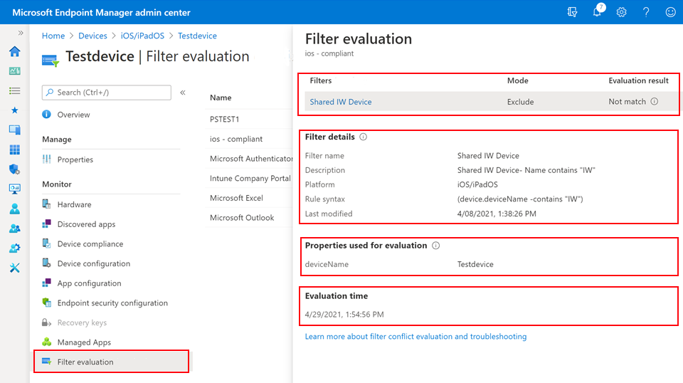 Screenshot that shows how to see the date, time, evaluation results, and other device filter assignment properties in Microsoft Intune.