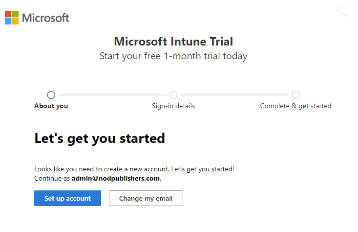 Screenshot of the Microsoft Intune set up account page - Set up account