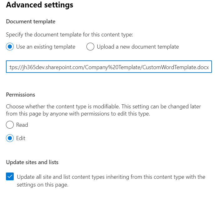 site content type advanced settings