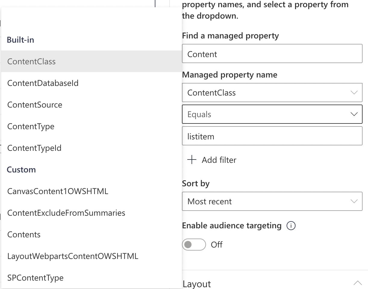 Screenshot of SharePoint Highlighted Content Web Part user interface, where the user has searched for a managed property in the configuration panel