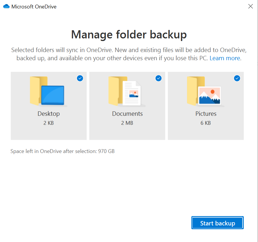 OneDrive PC Folder Backup Options