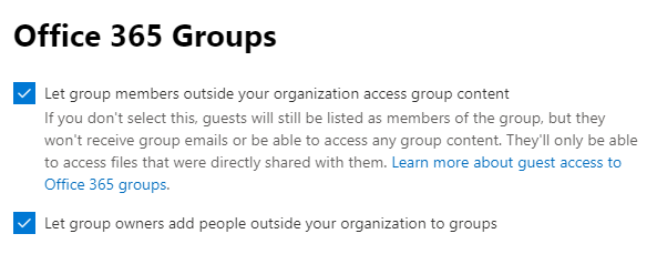 Image of the Office 365 Groups checkboxes.