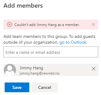 Image of error message that occurs when you try to add an external guest as a member of an O365 Group in SharePoint.