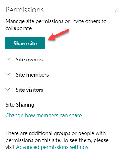 Image of the Share site button on the Permissions pane.