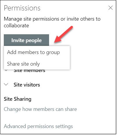 Image of the Invite people button on the SharePoint permissions pane with options to Add members to group or Share site only.