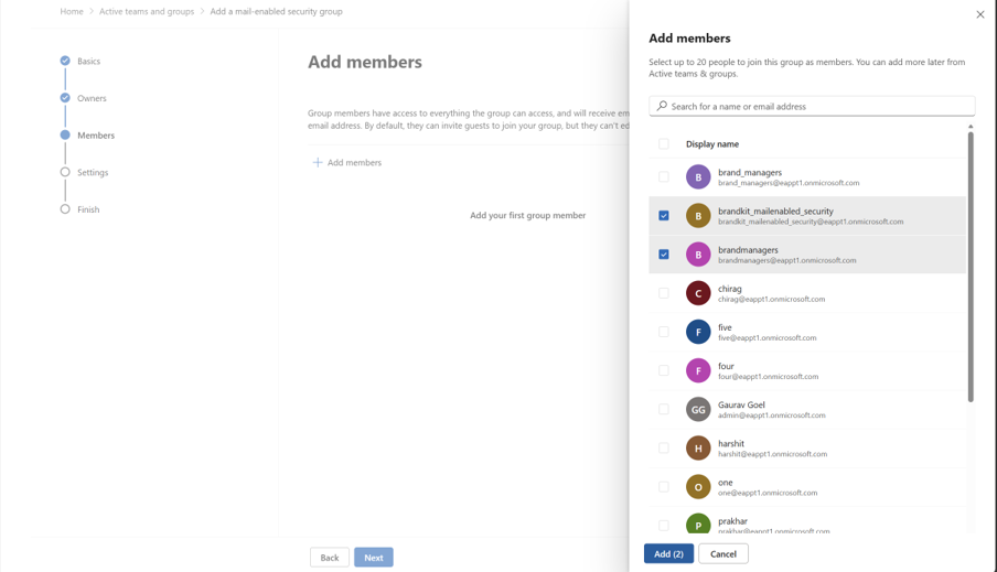 Screenshot showing the names selected who have been assigned members in the mail enabled security group.