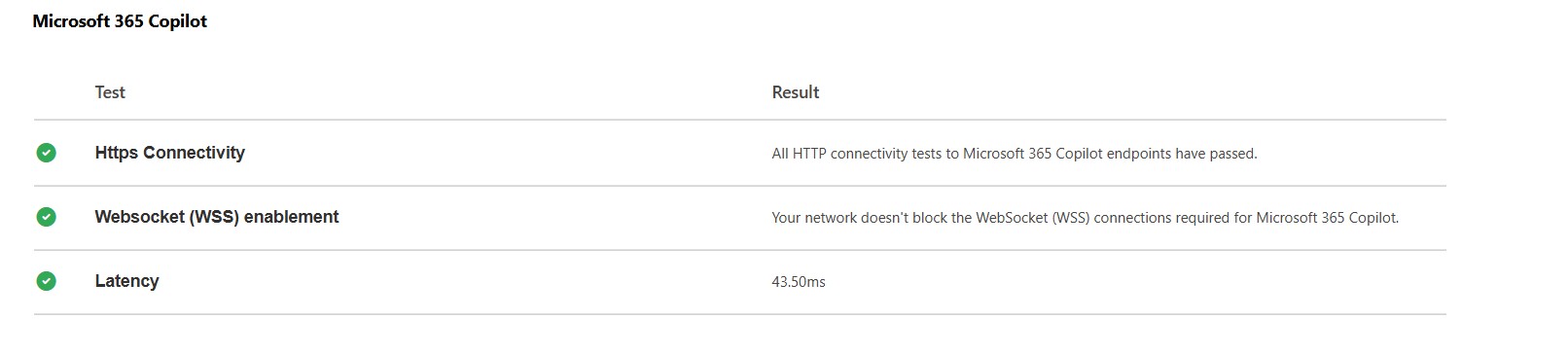 Screenshot that shows the Connectivity test - web socket pass.