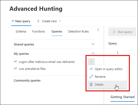 Rename or delete a query in the Advanced Hunting page in the Microsoft 365 Defender portal