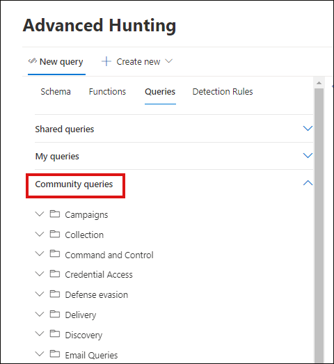 Community queries organized by folder in the Microsoft 365 Defender portal